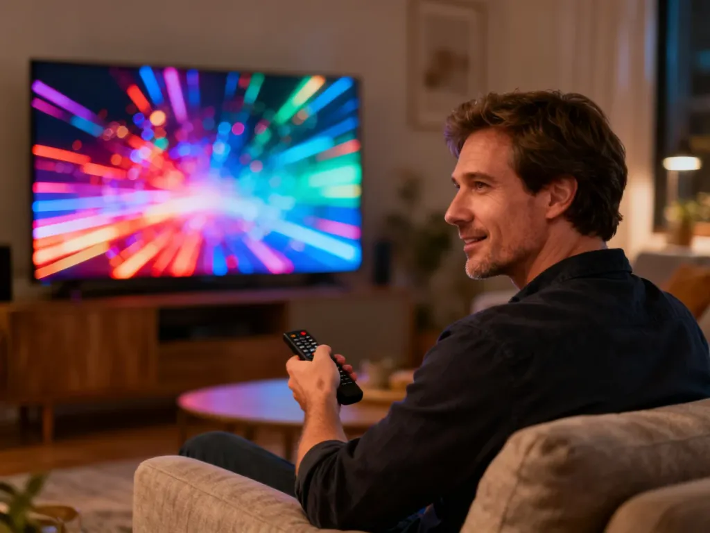 Mężczyzna siedzący na kanapie z pilotem w ręku przed włączonym telewizorem, co symbolizuje korzystanie z platformy Disney+.