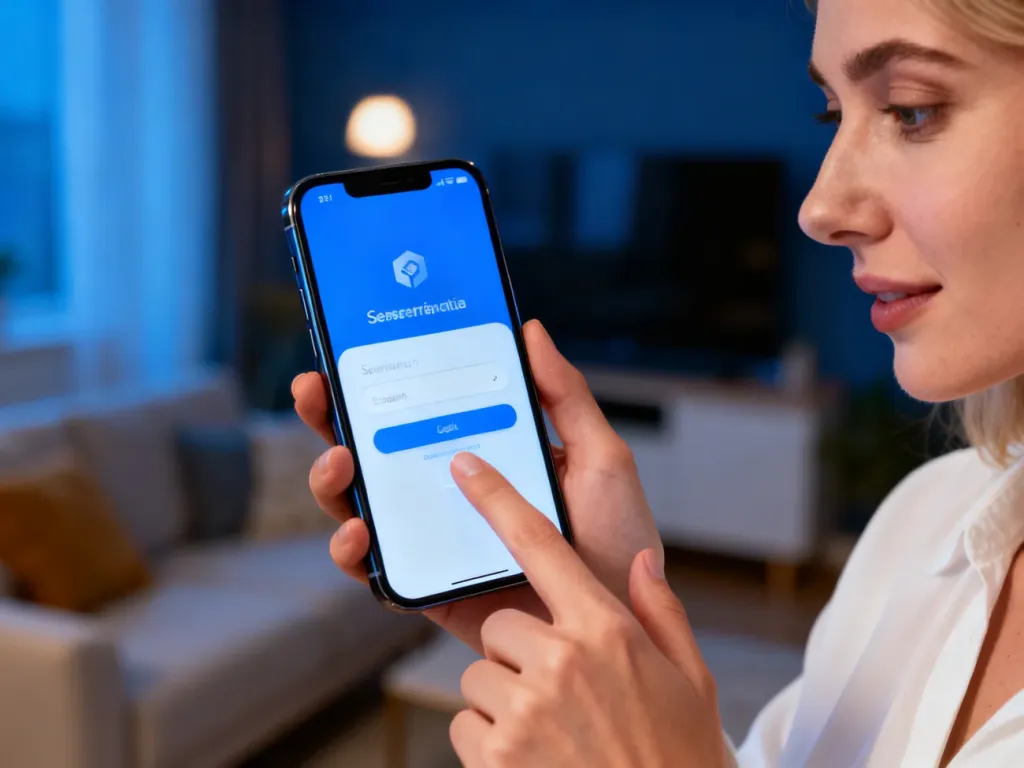 Kobieta logująca się do serwisu na ekranie smartfona w przytulnym salonie.