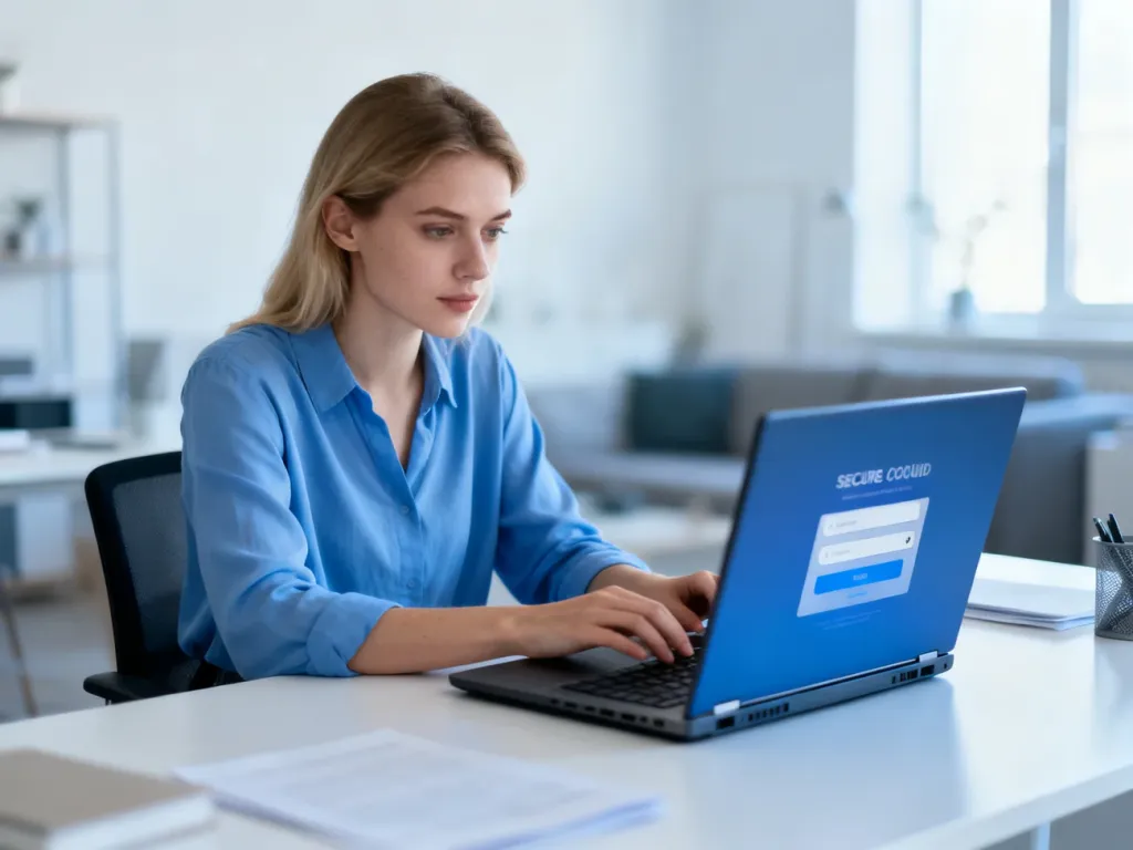 Kobieta przy biurku loguje się do konta na laptopie w jasnym, nowoczesnym biurze domowym.